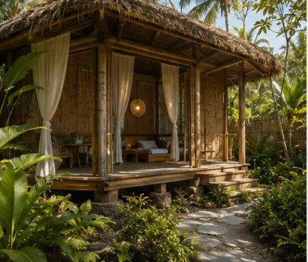Treatment hut with sheer curtains and a warm wood veranda