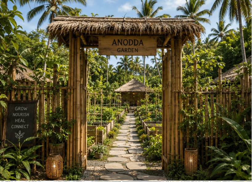 Bamboo gate opening into the ANODDA garden