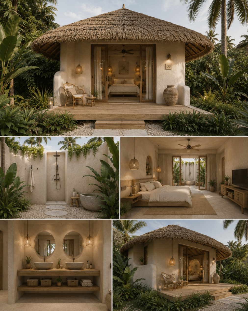 Villa exterior overlooking gardens and natural pond
