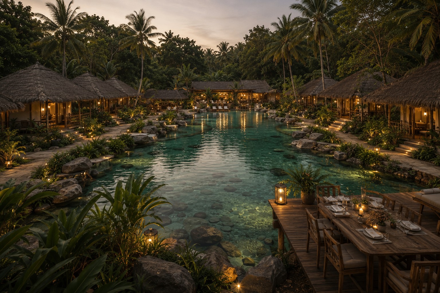 ANODDA Village at dusk — lantern-lit pool, villas and dining terrace