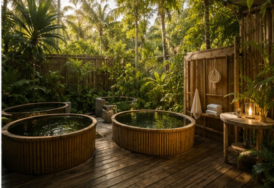 Twin cedar soaking tubs set within the garden