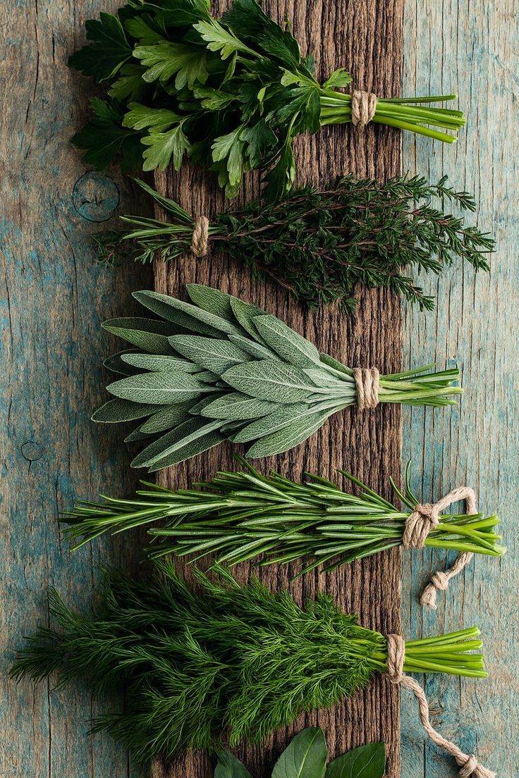 Bundles of fresh herbs — parsley, thyme, sage, rosemary, dill