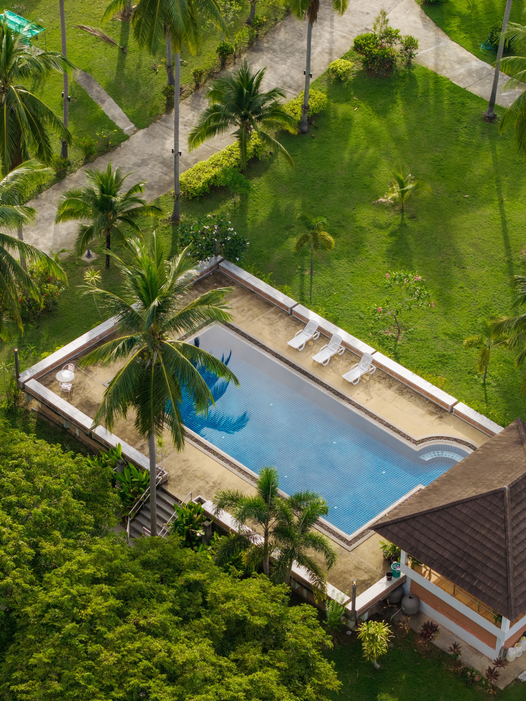 Aerial view of the ANODDA villas and pool