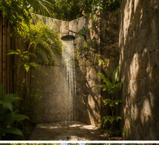 Stone outdoor shower tucked into tropical planting
