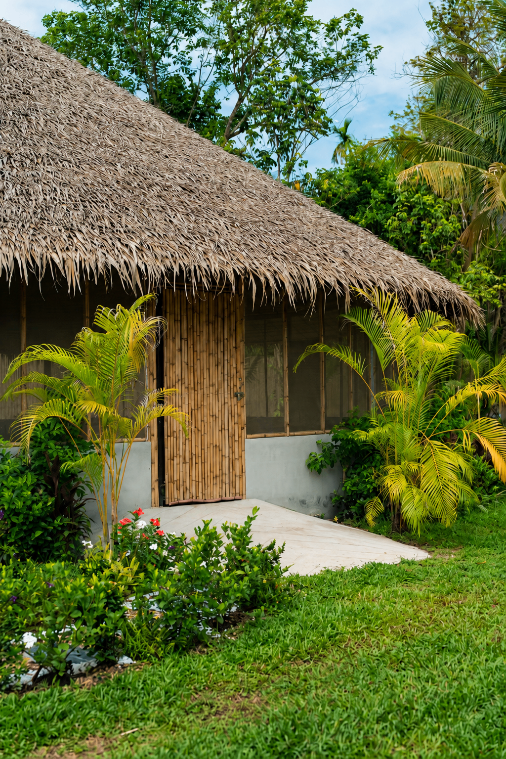 Thatched bamboo yoga shala tucked into the palms