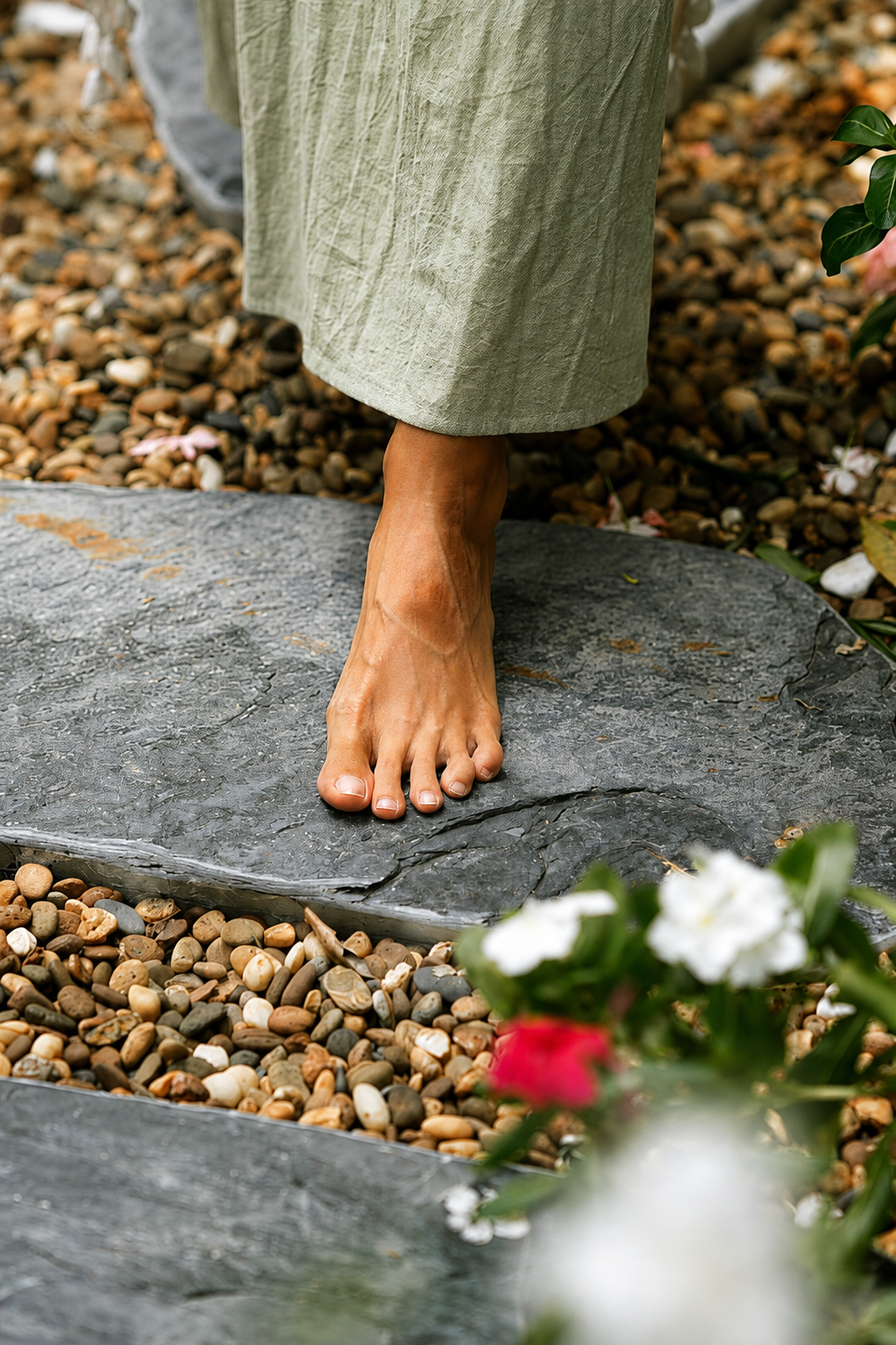 Bare feet on slate stepping stones surrounded by pebbles and garden flowers